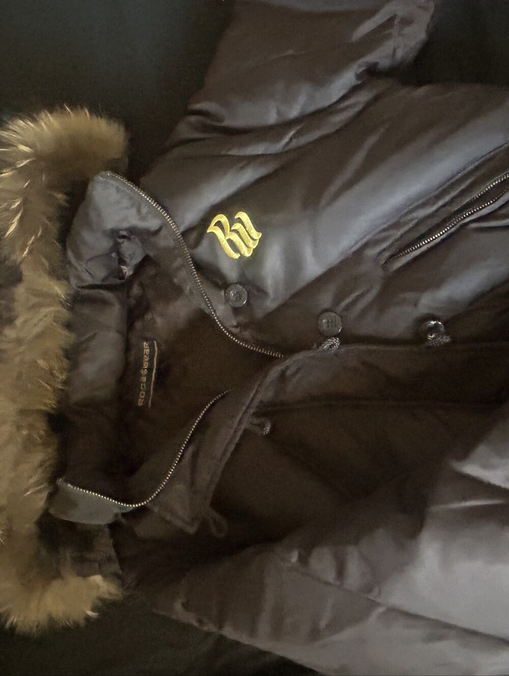 Rocawear Black Puffer Coat with Faux Fur Trim and Gold Logo